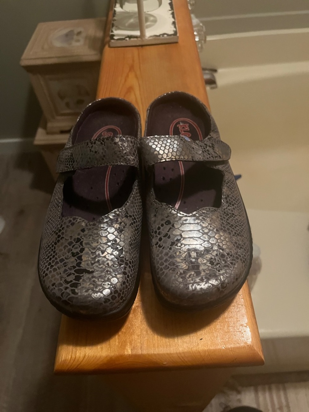 Klogs womens Metallic Gray Snake-Print Mary Janes